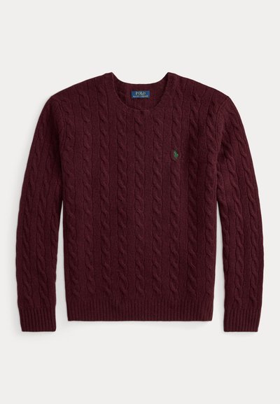 Bordó, kötött mintás, hosszú ujjú, kerek nyakú pulóver kis zöld Polo Ralph Lauren logóval a mellkason.