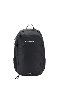 Zwarte rugzak van 24 liter met een gestructureerd oppervlak, ritscompartimenten, gaas zijvakken en een bovenhandgreep. VAUDE-logo zichtbaar.