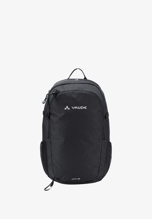 Zwarte rugzak van 24 liter met een gestructureerd oppervlak, ritscompartimenten, gaas zijvakken en een bovenhandgreep. VAUDE-logo zichtbaar.