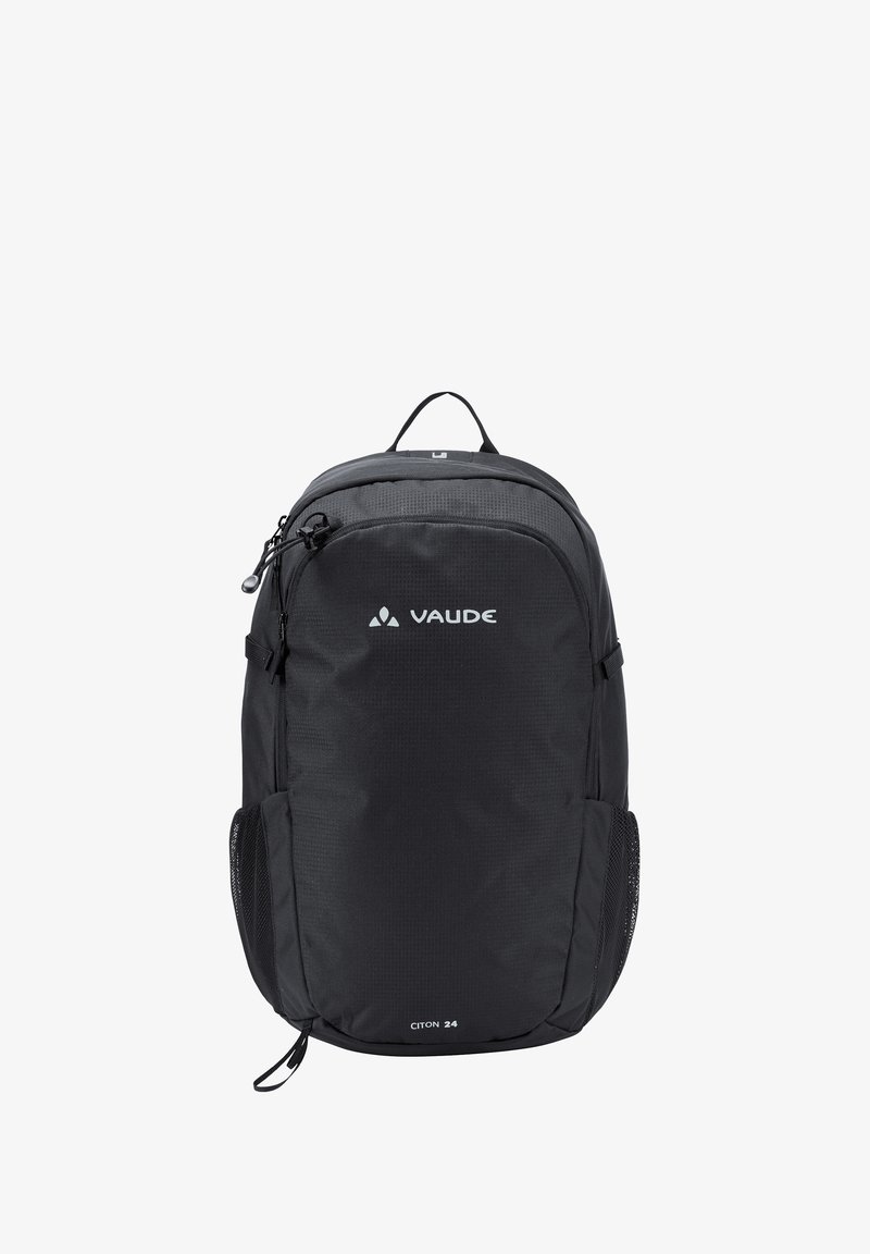 Zwarte rugzak van 24 liter met een gestructureerd oppervlak, ritscompartimenten, gaas zijvakken en een bovenhandgreep. VAUDE-logo zichtbaar.
