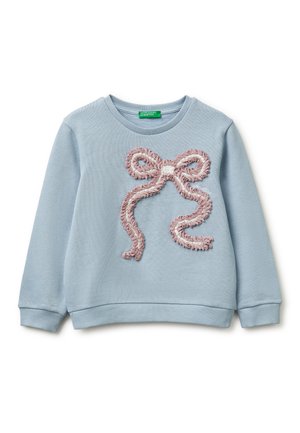 Felpa a maniche lunghe azzurro chiaro con polsini e orlo a coste, caratterizzata da un design a fiocco rosa testurizzato al centro davanti.