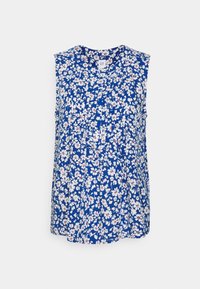 Blå ärmlös topp med ett blommönster av vita och röda blommor. Tyget är lätt och har en avslappnad passform samt veckdetaljer.