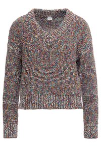 Mehrfarbiger Strickpullover mit V-Ausschnitt, lockerer Passform und gerippten Bündchen und Saum. Aus strukturierter Wolle mit unterschiedlichen Farbtönen.