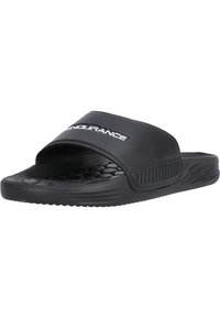 Zwarte schuifslippers met een gladde rubberen bovenkant, brede band met het "ENDURANCE" logo, gestructureerde voetbed, en flexibele buitenzool met afwateringsgroeven.