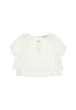 Witte blouse met korte mouwen, doorschijnende geplooide mouwen, ronde hals, kleine knoop aan de voorkant en gelaagde zoom.