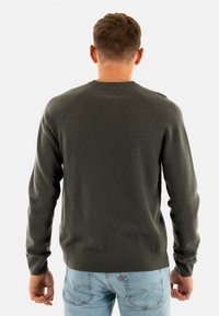Maglione verde scuro realizzato in materiale morbido, con scollatura a girocollo e polsini a coste. Design semplice senza motivi o dettagli visibili.