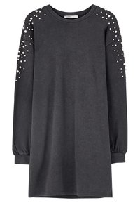 Robe sweat-shirt gris foncé avec manches longues, poignets côtelés et détails décoratifs en perles sur les épaules. Matière douce en mélange de coton.