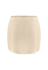 Beige Minirock aus glattem, strukturiertem Stoff. Verfügt über eine taillierte Passform und saubere Nähte. Einfaches Design ohne Muster oder Hardware.