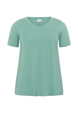 T-shirt mint vert à manches courtes avec un col en V, fabriqué à partir de tissu doux. Le design est ample avec un ourlet droit.