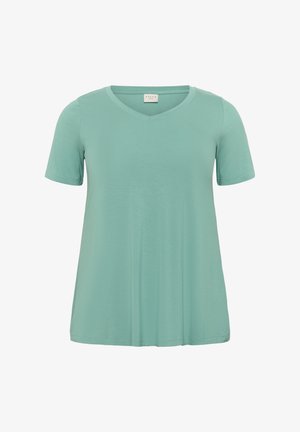 T-shirt mint vert à manches courtes avec un col en V, fabriqué à partir de tissu doux. Le design est ample avec un ourlet droit.