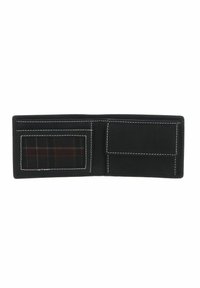 Black leather wallet with white stitching, featuring a plaid card slot on the left and a flat pocket on the right. Interior is smooth.