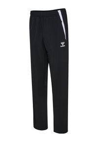 Zwarte sportbroeken van lichtgewicht stof, met een witte zijstreep, elastische tailleband en een klein logo aan de voorkant.