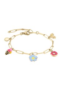 Goldene Kettenarmband mit einem pinken Eisbecher, einer blauen Blume und einem roten Donut-Anhänger mit bunten Akzenten. Verstellbar mit einem Karabinerverschluss.
