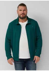Een bebaarde man met samengebonden haar, gekleed in een teal kleurige ritsjack over een wit T-shirt en blauwe jeans, staand tegen een eenvoudige achtergrond.