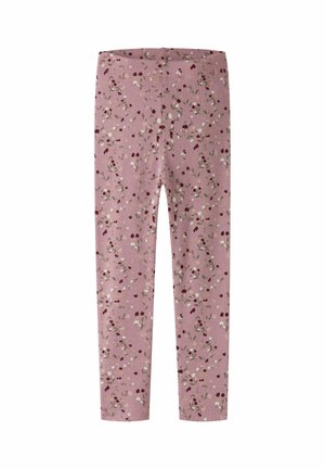 Leggings rosa per bambini piccoli con piccola stampa floreale bianca, rossa e verde, con cintura elastica e vestibilità aderente.