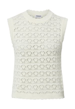 Ärmelloses weißes Stricktop mit rundem Ausschnitt und filigranem spitzenartigem Muster, gerippte Abschlüsse an Ärmeln, Ausschnitt und Saum.