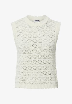 Haut blanc en tricot sans manches avec col rond et motif complexe rappelant de la dentelle, bords côtelés aux manches, à l'encolure et à l'ourlet.