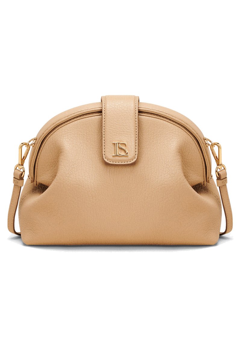 Beige leather handbag with a rounded shape, gold hardware accents, and a front flap closure. Features a detachable strap for versatility.