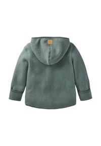 Grüne Fleece-Hoodie mit langen Ärmeln, gerippten Bündchen und einem kleinen quadratischen Lederpatch auf der Rückseite der Kapuze.