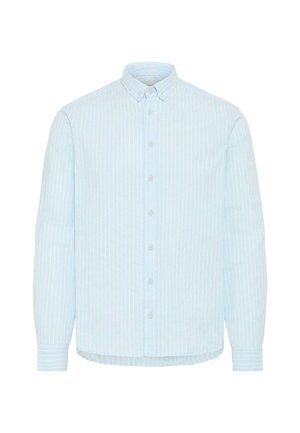 Világoskék ing függőleges fehér csíkokkal, gombos gallérral és hosszú ujjakkal. Kerekített szegéllyel és sima gombokkal.