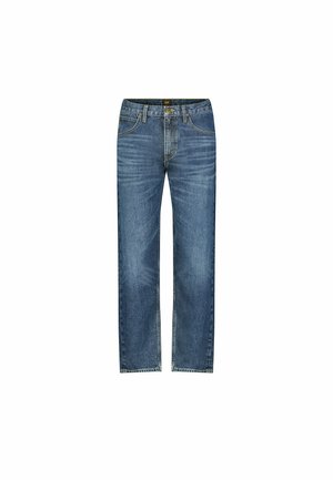 Jeans de denim azul de pierna recta con un lavado desgastado, costuras amarillas, un diseño clásico de cinco bolsillos y cierre de botones.