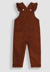 Salopette in corduroy marrone con spalline arricciate, caratterizzata da un motivo a pois color crema, due tasche sul retro e orli con risvolto.