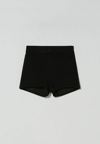 Mustat farkkushortsit, joissa on tiukasti istuva muoto, edessä nappisuljenta ja klassinen viiden taskun muotoilu. Sileä rakenne ja siistit reunat.