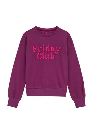 Lila Sweatshirt mit langen Ärmeln, gerippten Bündchen und Saum, mit erhabenen pinken Buchstaben auf der Vorderseite, die "Friday Club" sagen.