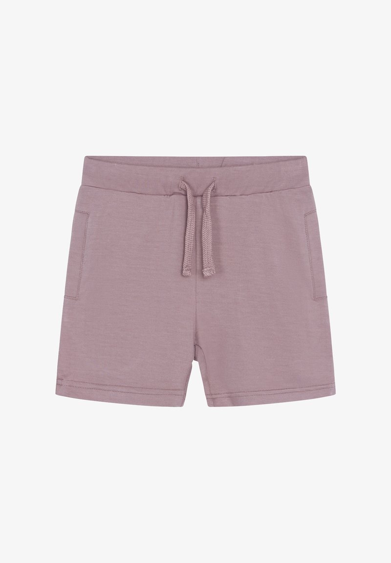 Pantaloni corti di un leggero mauve realizzati in tessuto morbido, dotati di una vita elasticizzata con coulisse e due tasche laterali. Design semplice e texture liscia.