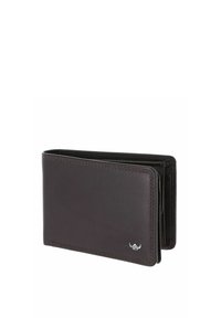 Portefeuille en cuir brun foncé à deux volets avec un petit logo argenté dans le coin inférieur droit, présenté légèrement ouvert sur un fond blanc.