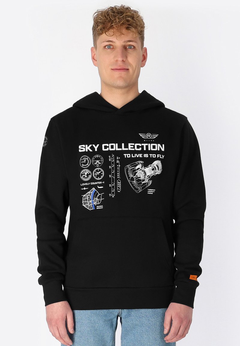 Zwarte hoodie met grafische print met luchtvaartthema. Inclusief een kangoeroezak en een contrasterend oranje label op de mouw.