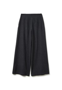 Pantaloni a gamba larga grigio scuro con vita alta, davanti plissettato e morbida texture del tessuto. Nessuna tasca visibile o decorazioni.