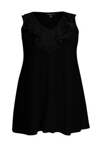 Zwarte mouwloze jurk met een V-halslijn en gerimpelde details aan de voorkant. Gemaakt van een lichtgewicht stof met een losse pasvorm.