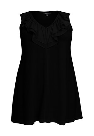 Zwarte mouwloze jurk met een V-halslijn en gerimpelde details aan de voorkant. Gemaakt van een lichtgewicht stof met een losse pasvorm.