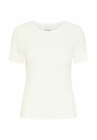 Weißes kurzes T-Shirt mit Rippenmuster und Rundhalsausschnitt. Weicher Stoff und taillierte Passform, mit gerader Saumlinie. Einfach und vielseitig.