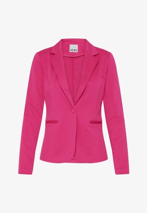 Blazer rose vif cintré avec fermeture à un bouton, revers crantés et deux poches avant fines.
