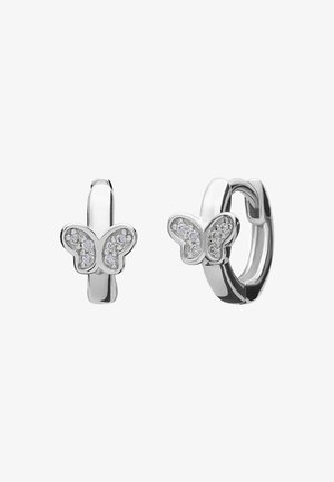 Zilveren oorringen met vlindermotieven, versierd met heldere kristallen. Glad metalen afwerking, compacte vorm, minimalistische stijl.