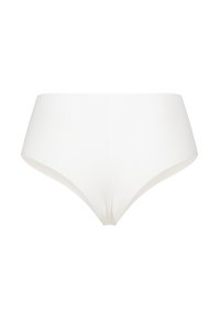 Culotte blanche sans couture de style bikini avec une texture lisse et taille haute, conçue pour le confort et une apparence minimaliste.