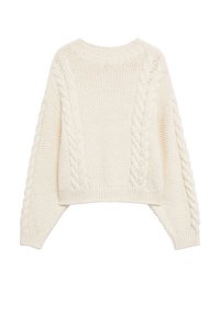 Pull tricoté de couleur crème avec des motifs torsadés le long des manches et sur le devant, doté d'un col rond et de poignets et ourlet côtelés.