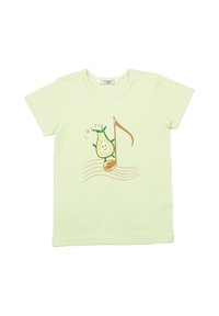 Hellgrünes Baumwoll-T-Shirt mit einem Cartoon-Avocado-Charakter, der von musikalischen Noten, einem Violinschlüssel und gewellten Linien in Braun umgeben ist. Kurze Ärmel.