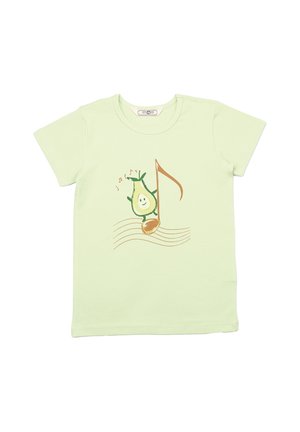 Hellgrünes Baumwoll-T-Shirt mit einem Cartoon-Avocado-Charakter, der von musikalischen Noten, einem Violinschlüssel und gewellten Linien in Braun umgeben ist. Kurze Ärmel.
