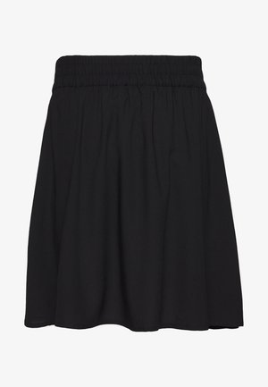 Black skirt with an elastic waistband, soft fabric, A-line shape, and smooth texture, featuring a flowing design and no visible details.