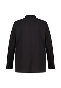 Zwarte blazer met een gladde textuur, een klassieke notch-kraag, lange mouwen en knoopaccenten. Heeft een rechte achternaad en een getailleerde silhoutte.