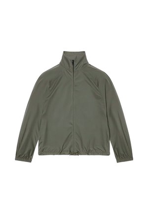 Olive green lightweight jacket with full front zipper, high collar, elastic cuffs, and adjustable drawstring hem.