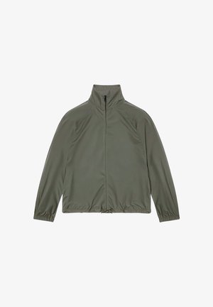 Olive green lightweight jacket with full front zipper, high collar, elastic cuffs, and adjustable drawstring hem.