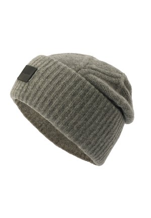 Gray knit beanie made of wool, featuring a ribbed texture and a folded cuff. Includes a small black leather patch with branding.