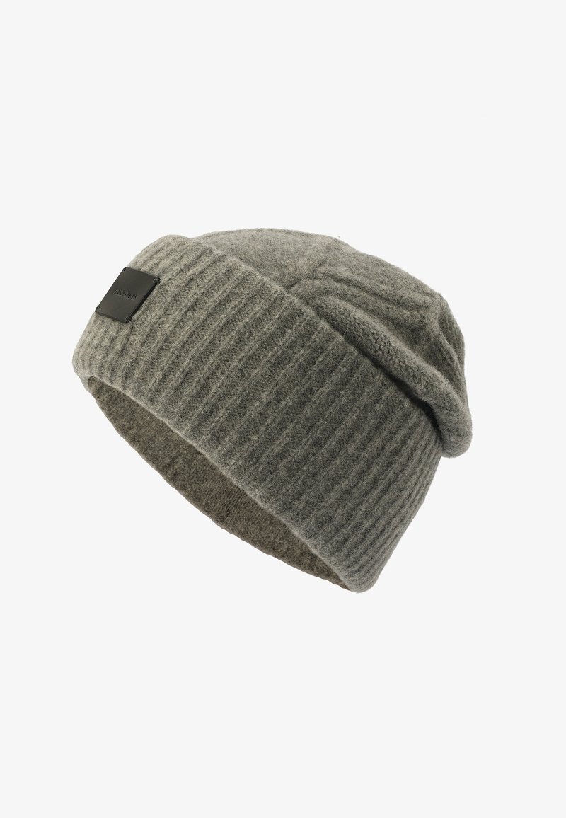 Gray knit beanie made of wool, featuring a ribbed texture and a folded cuff. Includes a small black leather patch with branding.