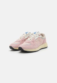 Pink suede and mesh sneakers with a cream leather accent, featuring a textured heel, light beige rubber sole, and blue branding on the tongue.