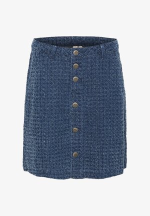 Denim A-line skirt in dark blue, featuring a textured weave, front button closure with five metal buttons, and a slightly frayed hem.
