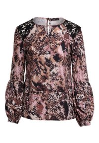 Langärmlige Bluse mit pinkem, braunem und schwarzem abstraktem Muster. Verfügt über Spitzenakzente an den Schultern und ein Schlüsselaugen-Detail im Rücken.